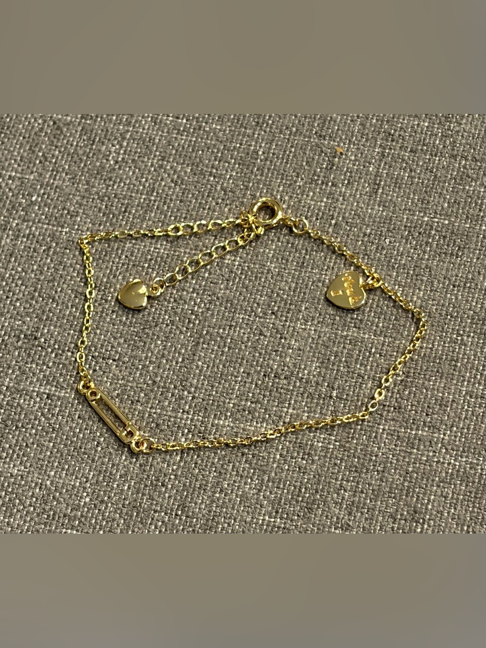 Gold Tone Safety Pin Heart Charm Adjustable Chain Bracelet